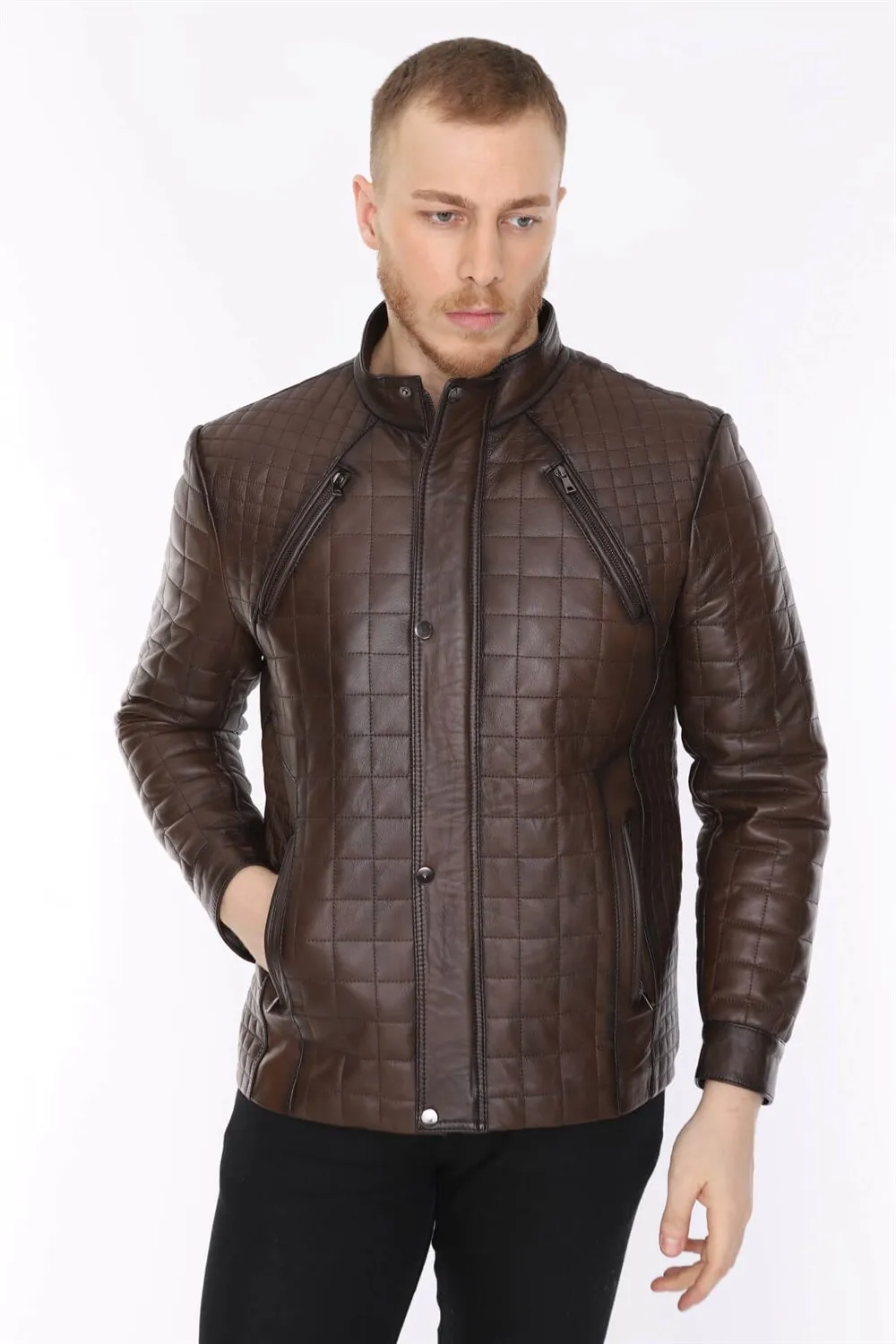 Skórzana kurtka męska sport model oryginalny lambskin brązowy kolor softy 2022 trend wygląd wykonane w turcji e-150185