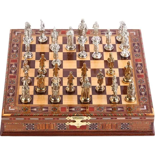 Gift Home Big size Metal Ottoman Byzantine Chess set Bright and Hand-Made Solid Wood Crated Chessboard