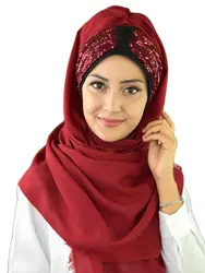 2021 New Fashion Hijab Women Muslim Islamic Turban  Scarf Hat Foulard Single Piece Claret Red Sequined Claret Red Ready Shawl