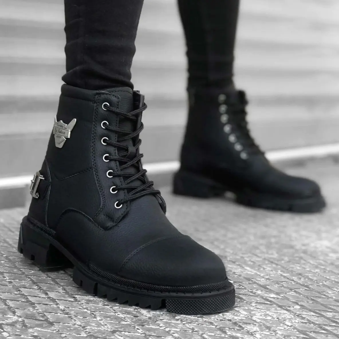 080 Mens Biker Boot Black Zippered Metal Accessory Men's Half Ankle Boots Mens Casual Shoes Artificial Leather Men's Shoes