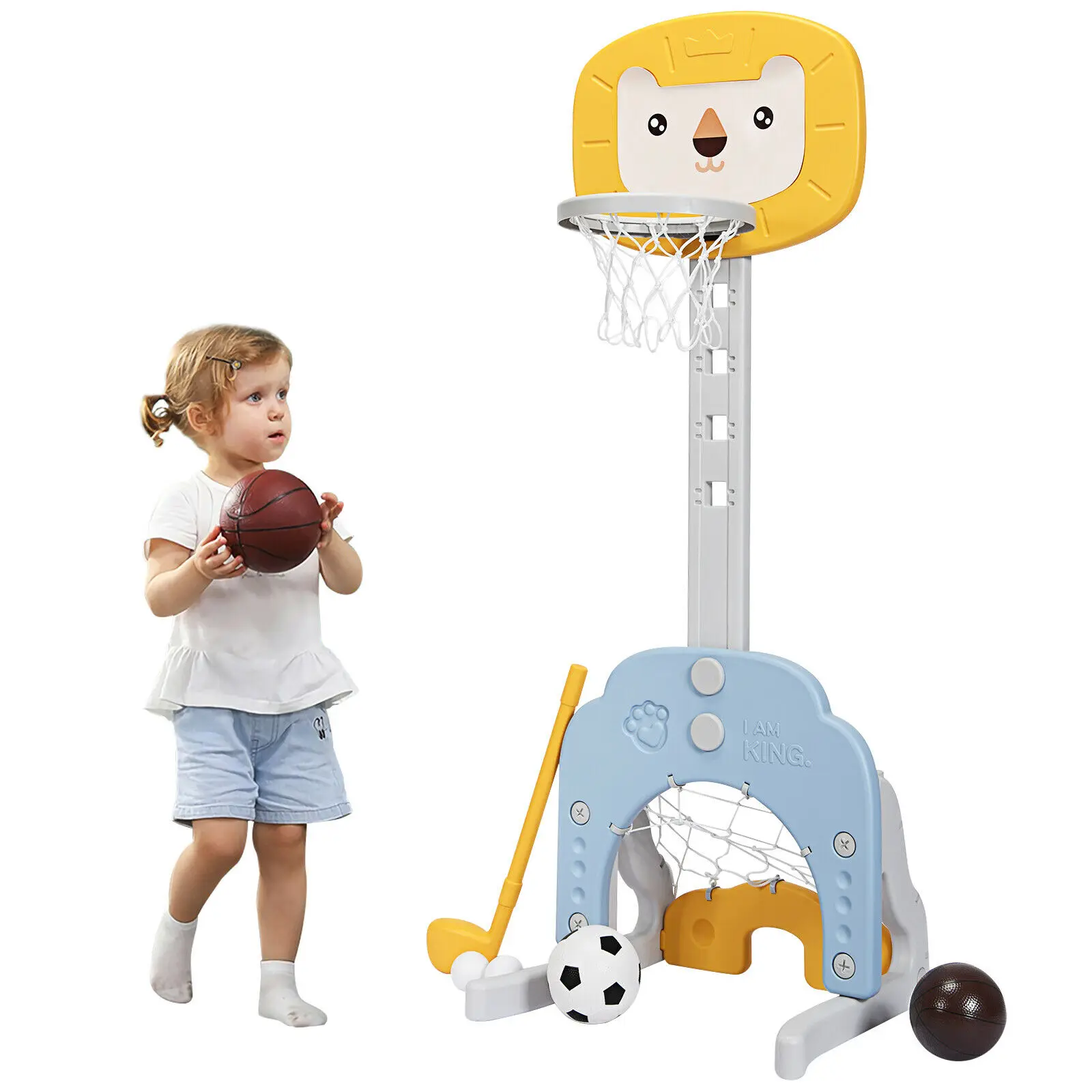 3-in-1 Kids Basketball Hoop Set Adjustable Sports Activity Center w/Balls Yellow/Green  TY327812