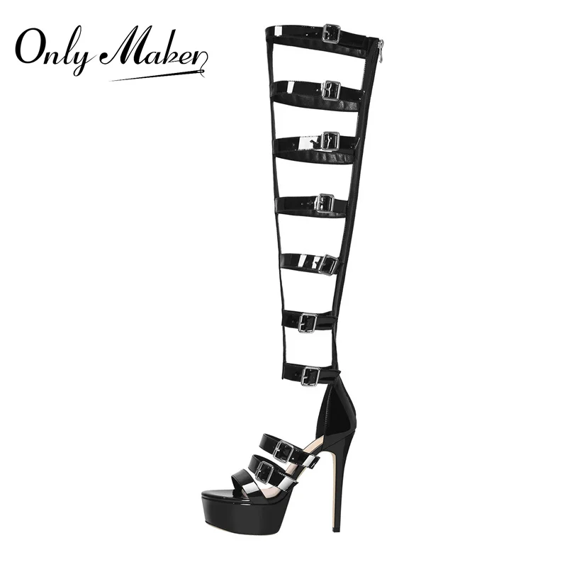 

Onlymaker Peep Toe Platform Over The Knee Boot Sandals Patent Leather High Heels Metal Buckles Decoration Zip Summer Sandals