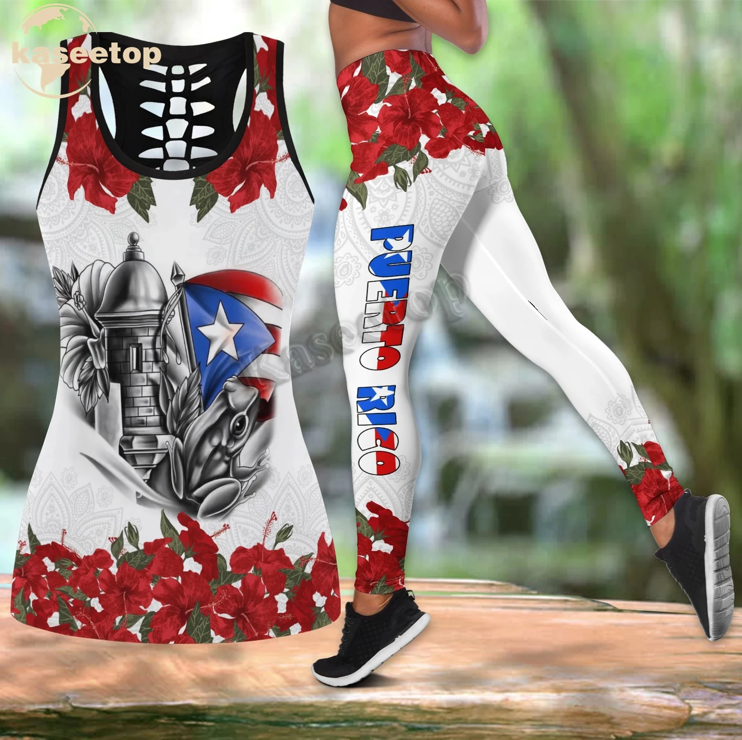 Kaseetop Puerto Rico Maga Flower Two Piece Yoga Set Women 3D Print Vest Hollow Out Tank Top High Waist Legging Summer Casual LK4