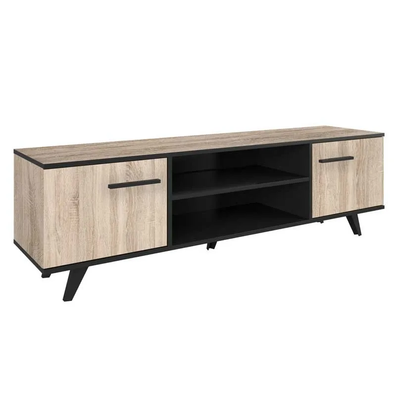 TV table TV Way Color brushed oak and black with doors and compartment. Measures: 151x46