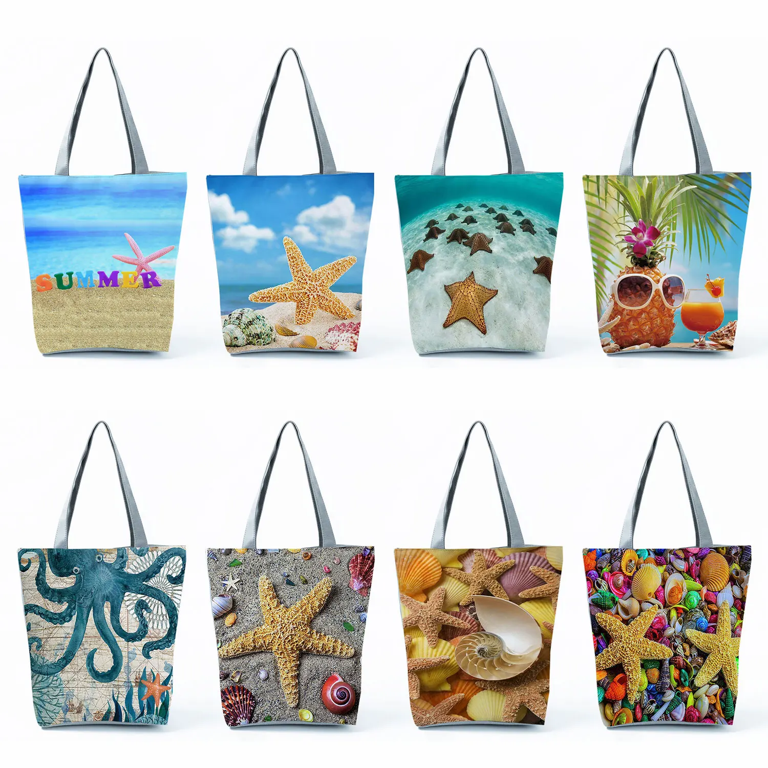 Customized Cartoon Shell Starfish Women\'s Beach Shoulder Bags Casual High Capacity Foldable Handbags Eco Reusable Shopping Tote