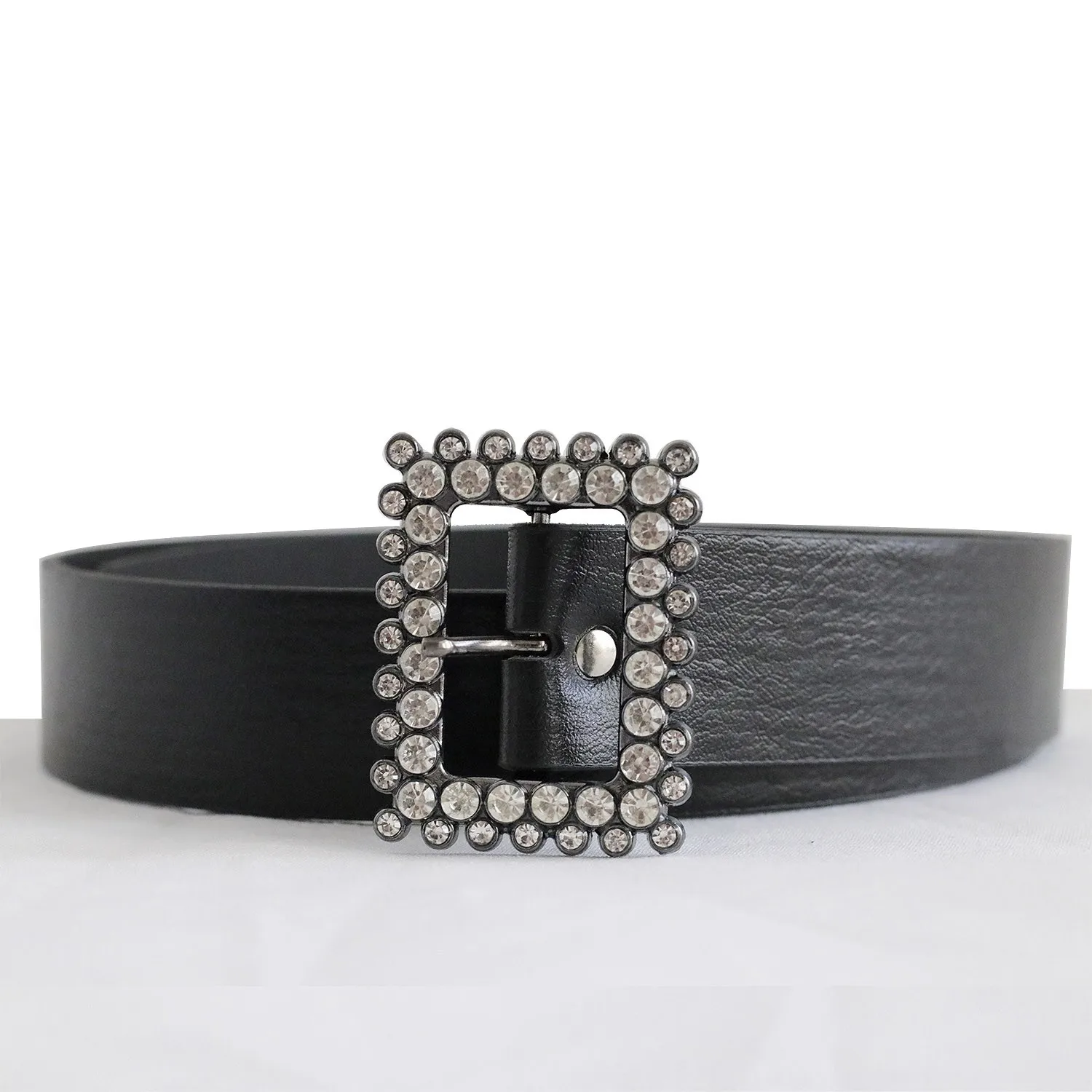 Black artificial leather stone model buckle belt