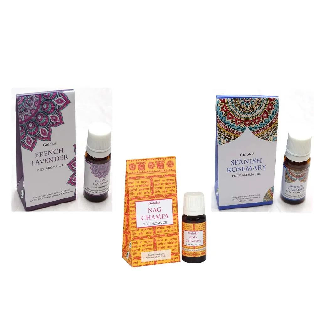 PACK ESENCIAS GOLOKA LAVANDA NAG CHAMPA ROMERO - 3 BOTES DE 10ML - 30ML EN TOTAL