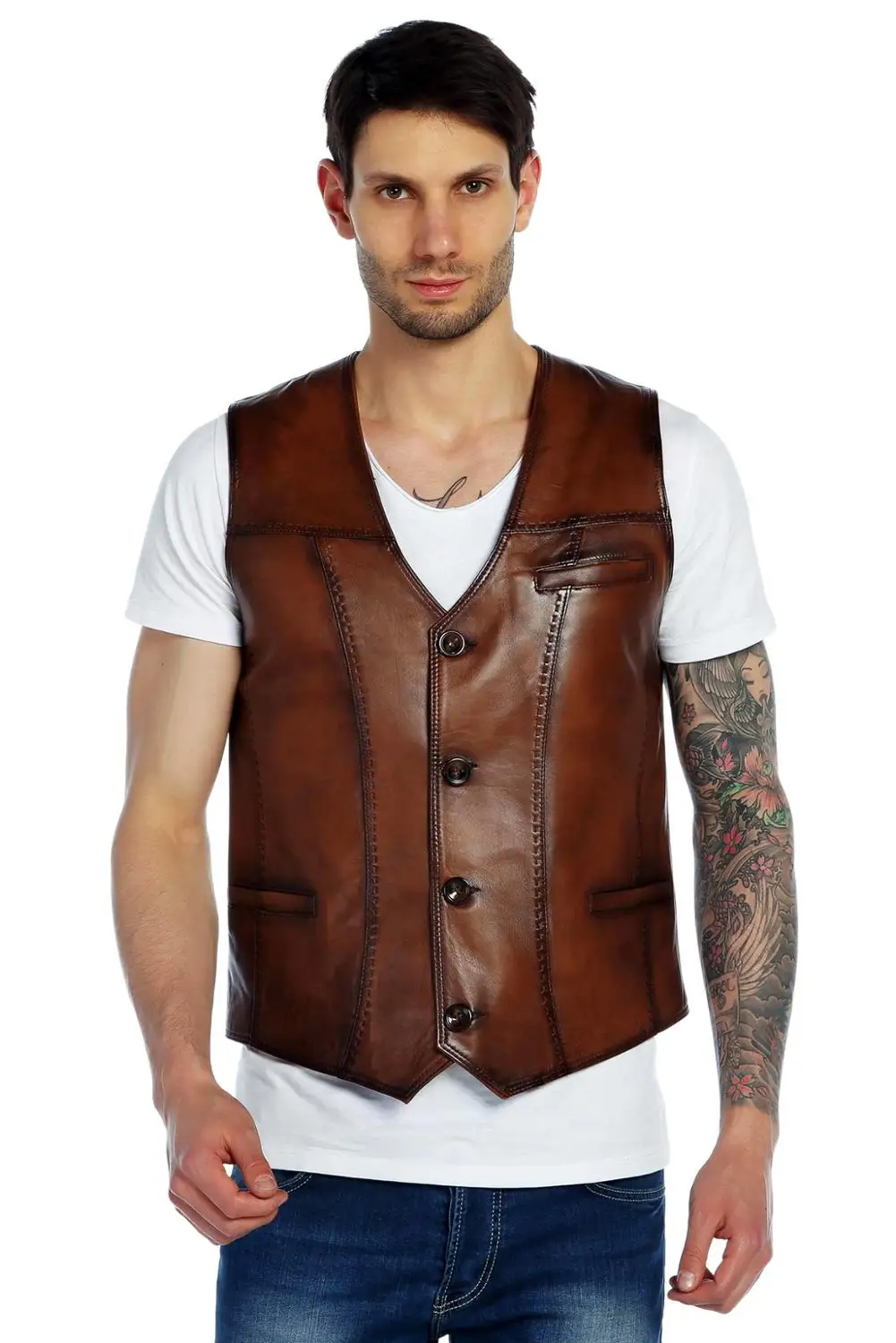 Genuine Soft Leather Handmade Brown Man Vest Biker Style High Quality Lambskin Button Autumn Winter Gift For Valentine's day