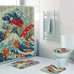 The Great Wave off Kanto Kanagawa Japanese Anime Bathroom Curtains Shower Curtain Set for Toilet Bath Mat Rugs Carpet Home Decor