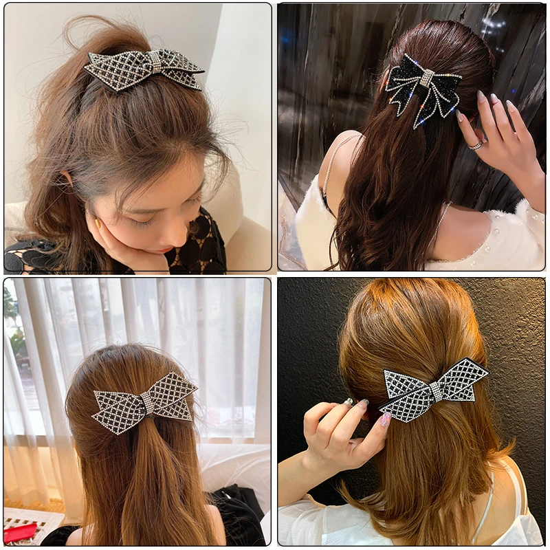 Crystal Big Bow Barrettes Hair Clips For Women Ponytail Holder Girls Hair Accessories Rhinestone Hairpins Fashion Hairgrips Band