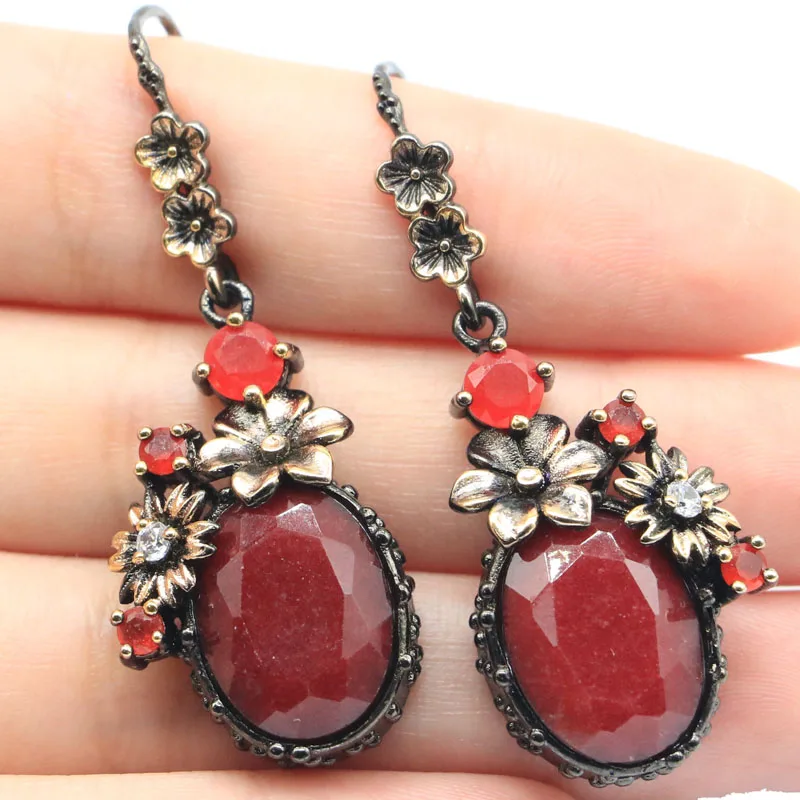 Buy 4 Get 1 Free 46x19mm Neo-Gothic Jewelry Set Real Green Emerald Red Ruby For Females Black Gold Silver Earrings Pendant