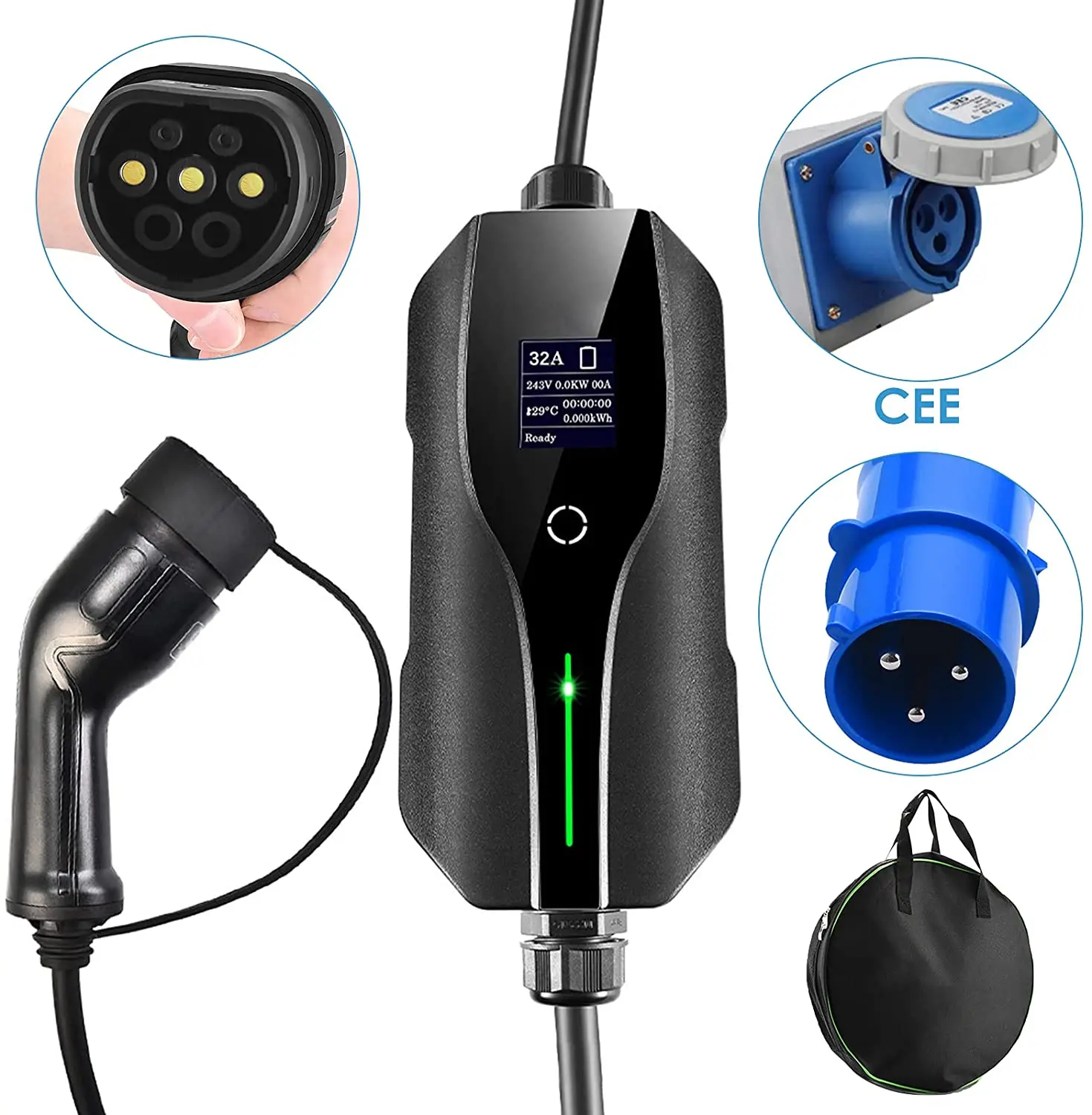 

EV Charger Type 2 With Digital Screen Electric Vehicle Portable Charger 32A 24A 16A 10A Adjustable CEE Plug With 5M Cable