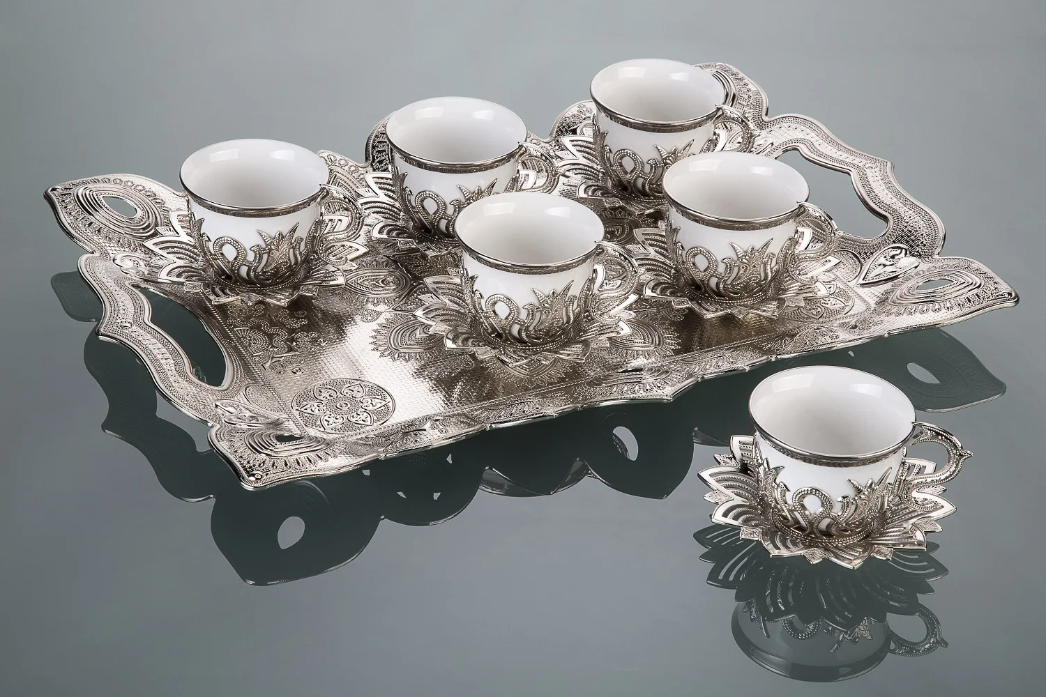 Turkish Coffee Set -  Silver Color - White Cups