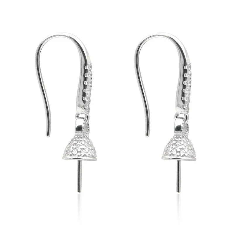 2pcs 925 Sterling Silver Hook Earring Settings  Findings Platinum Plated With Zirconia  Fit For Half Drilled Beads