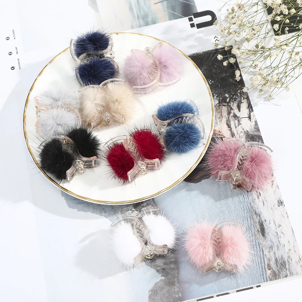 Women Mink Fur Hair Claw Small Banana Hair Clips Crab Hairpins Hair Accessories for Girl Headdress Ornament Hairgrips Barrettes