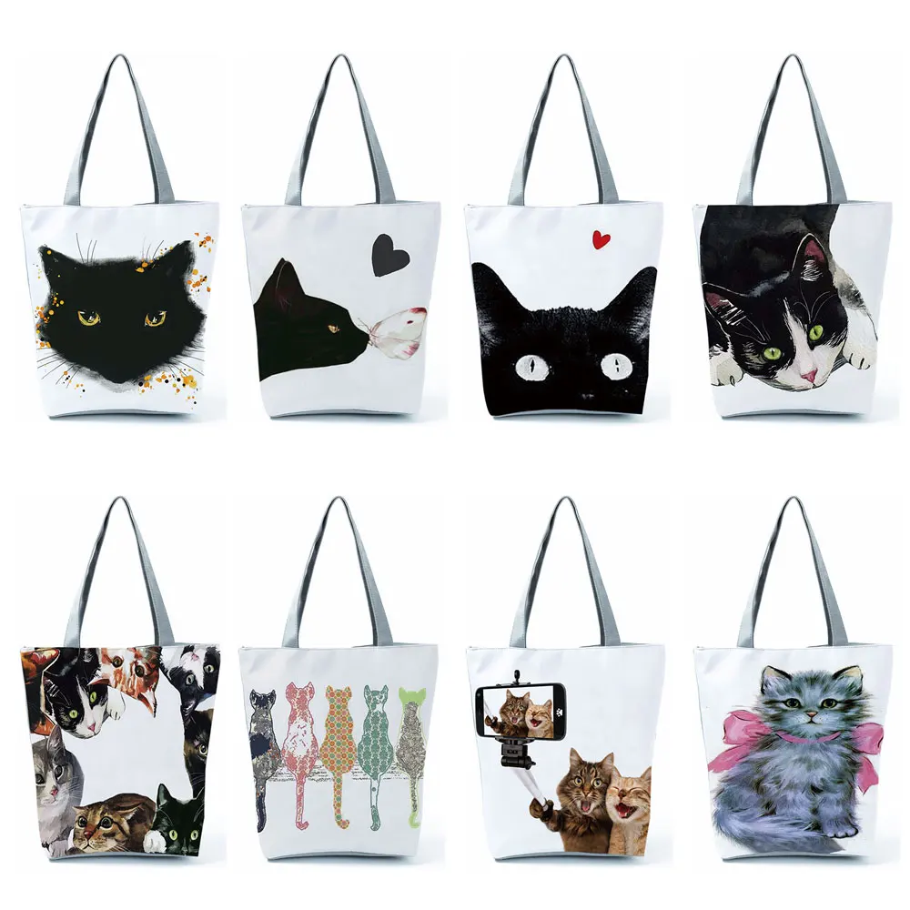 Fashion Handbgas Cute Watercolor Black Cat Painting Womens Designer Tote Eco Reusable Shopping Shopper Bags School Book Bag