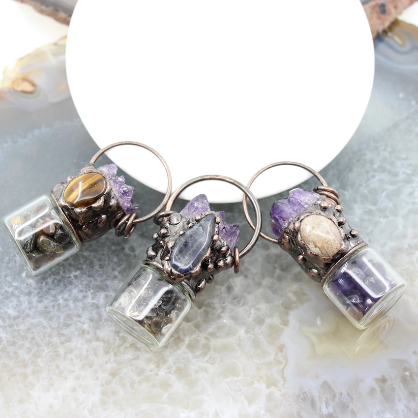 Natural Amethysts Druzy Quartz Reiki Energy essential oil Bottle Pendant,Healing Crystal Necklace DIY Jewelry For Unisex Gifts