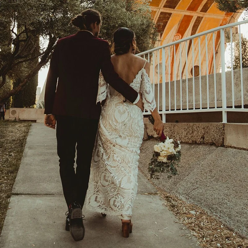 Vestido de novia de sirena con tirantes finos, traje bohemio de manga corta con encaje calado, estilo rústico para playa