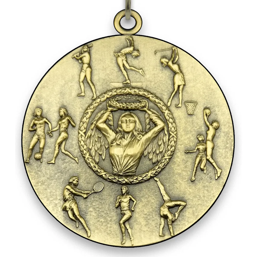 Large Metal All Sports Medal - Female - Gold - 6,4 cm - with Neck Ribbon size 2,2cm x 80 cm - Choice of Ribbon Colours.