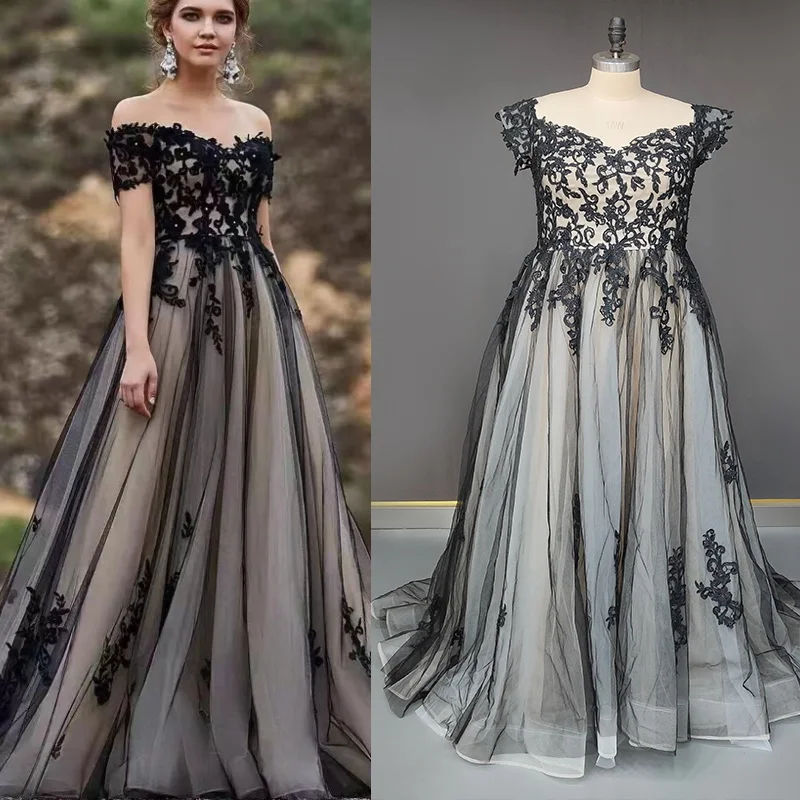 9678 #   Fotos reales gótico negro sin hombros apliques de encaje A-line vestido de novia de tul personalizado vestido de novia con espalda baja para mujer