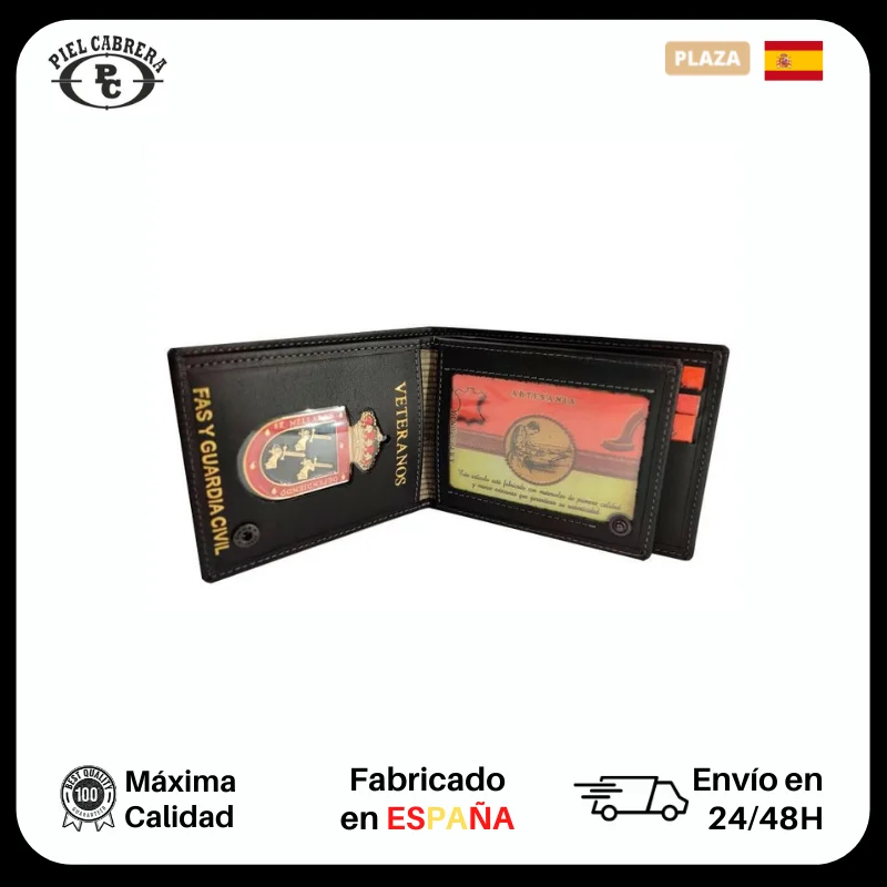 Wallet badge holder for veterans fas and civil Guard echa in Ubrique leather in navy with flag of Spain and purse