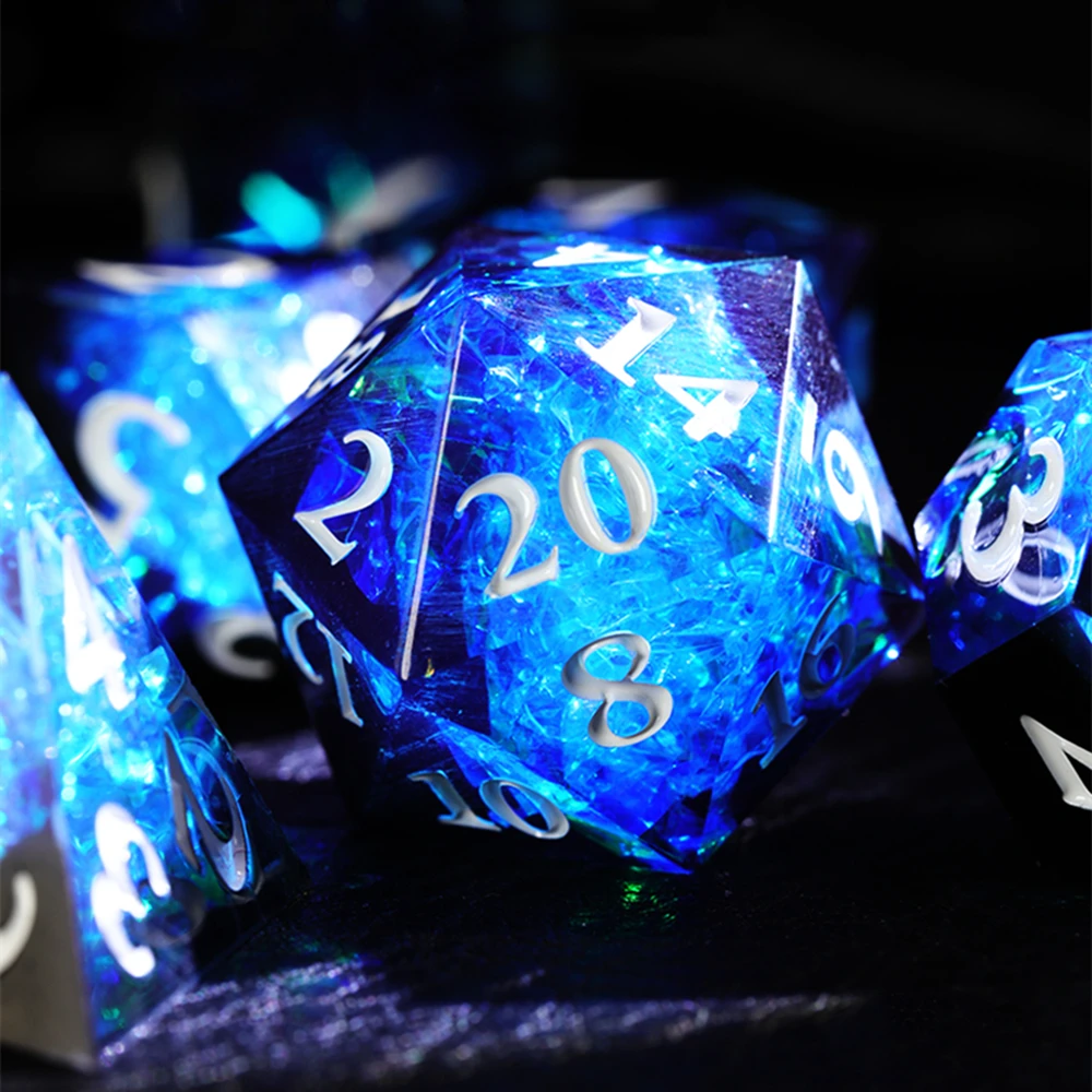 Juego de dados de cristal de hielo azul oscuro D & D COC, D4 D6 D8 D10 D % D12 D20, juegos de mesa DND RPG, 7 piezas por juego