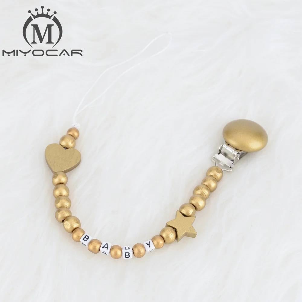 MIYOCAR personalized any name all gold  luxurious wooden beads dummy clip holder pacifier clips holder/Teethers clip  for baby