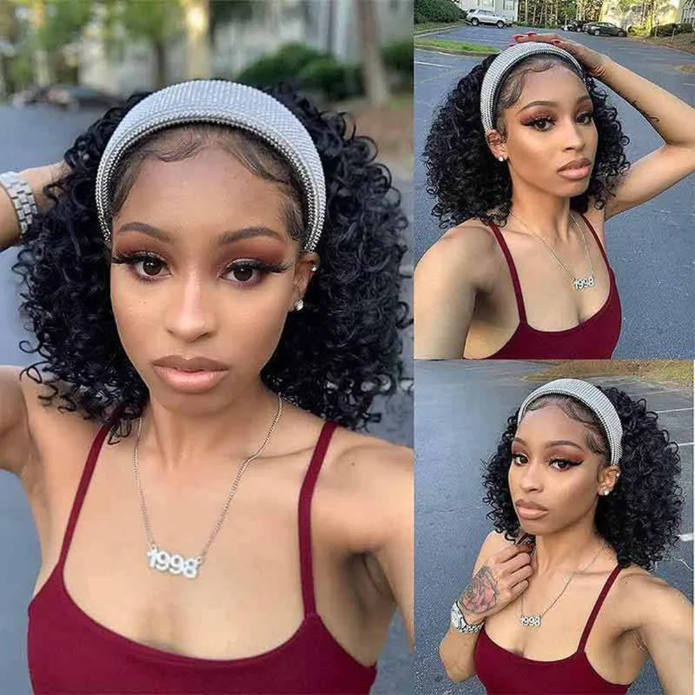 Headband Wig Human Hair Curly Short Bob Human Hair Wigs Glueless Full Machine Made Brazilian Remy Human Hair Wigs For Women