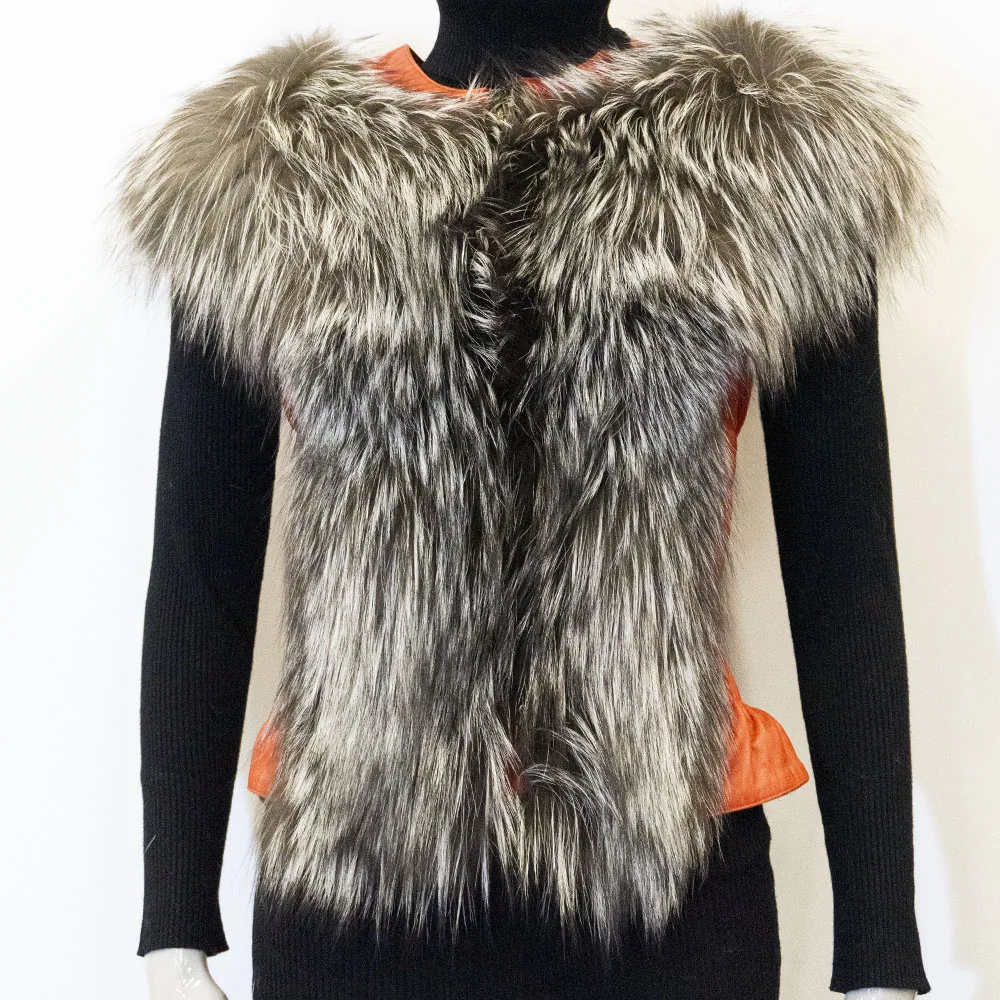 Women Autumn Winter Spring Original Natural Fox Fur Collar Natural Color Genuine Leather Comfortable Famale Sleeveless Vest