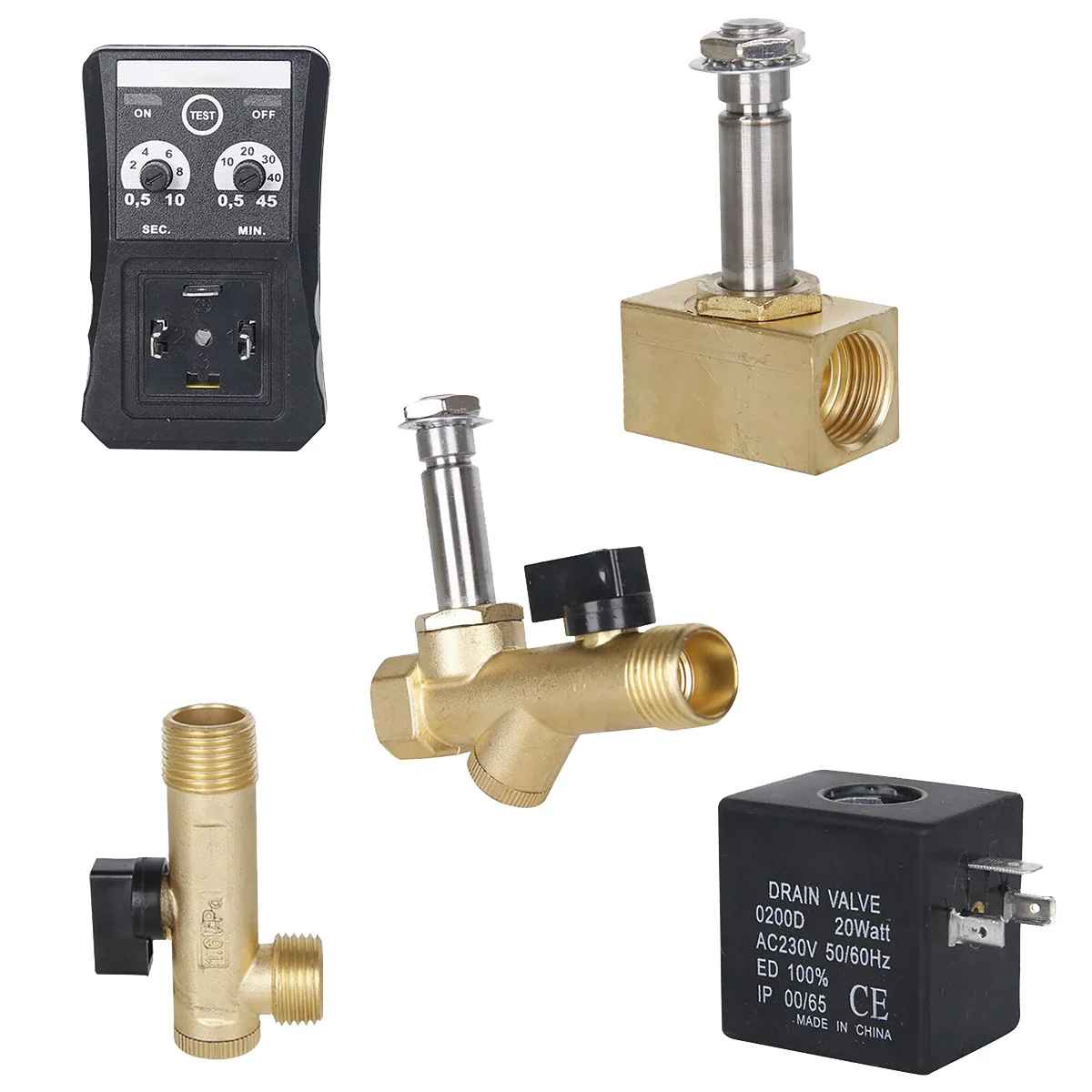 Automatic Drain Solenoid Valve Electric Timing Water Valve Accessories - Timer, Coil, Valve Body, Brass Connector