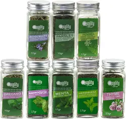 Pack de Hierbas Aromáticas Mediterráneas. Ideal para regalo y uso diario. 8 Tarros de cristal, reutilizables. Tomillo, Oregano, Albahaca, Hinojo, Romero, Menta, Perejil y Hierbabuena