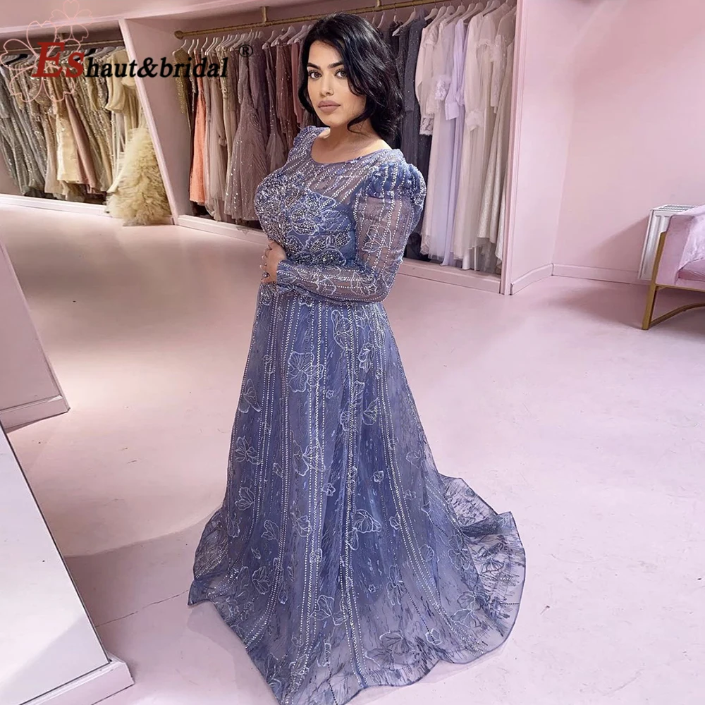 Elegant Dubai Evening Dress for Women 2024 Long Sleeves O Neck Aline Crystal Lace Formal Prom Wedding Party Gowns Customized