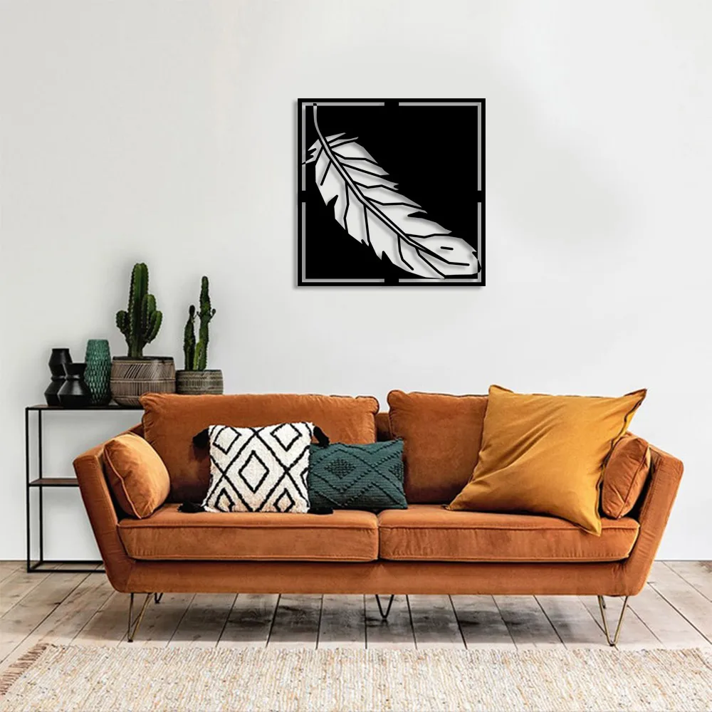 Feather Wall Accessory Made of Geometric Pieces Wooden Table 50x50cm