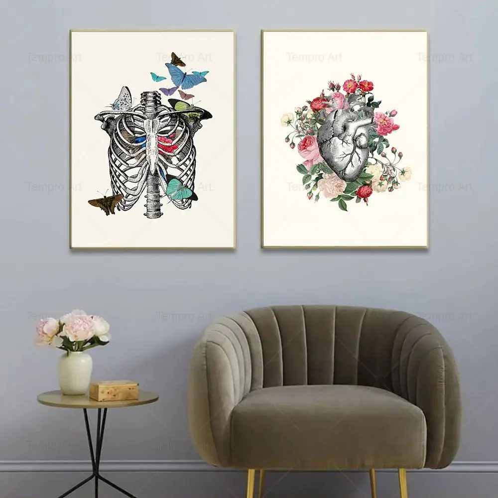 Flower Butterfly Human Anatomy Art Prints Heart Brain Lungs Skeleton Wall Art Canvas Painting Nordic Posters Doctor Office Decor