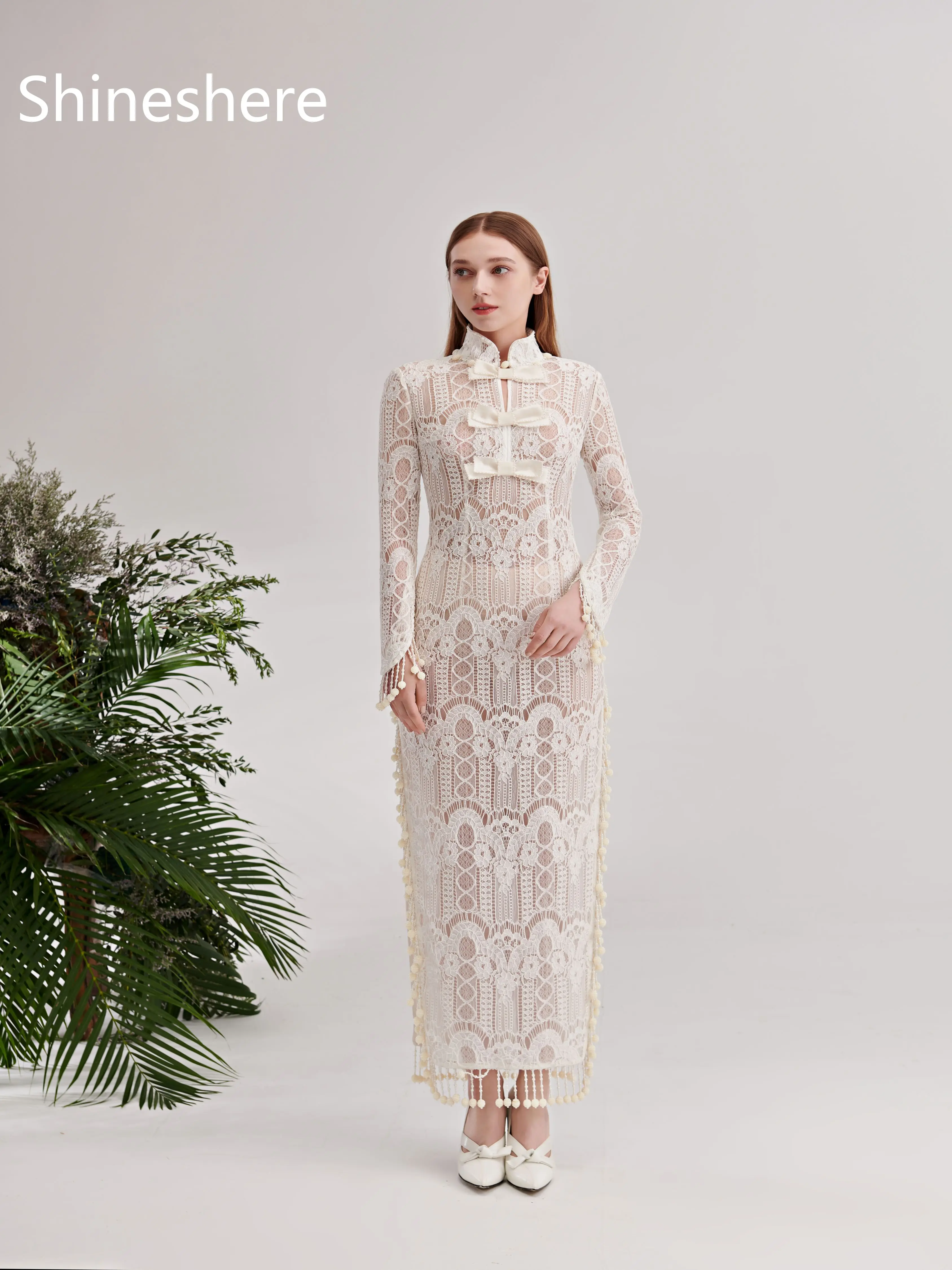 

Elegant High Collar Long Sleeves Tassels Bow High Split Lace Sheath Wedding Dress Bridal Gown