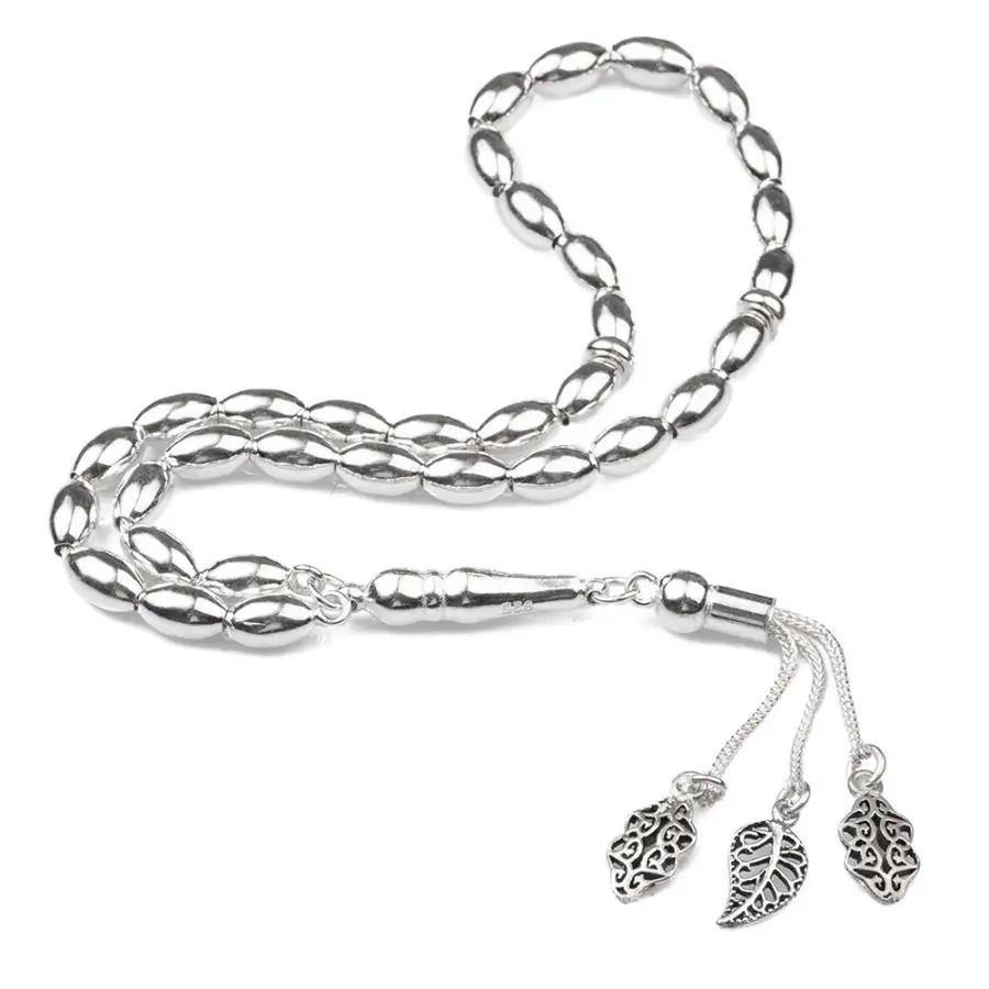 

Silver Prayer Rosary Men Barley Cut Rosary With Silver Tassel Turkish Tasbih Leaf Model Tassel 925Sterling Silver