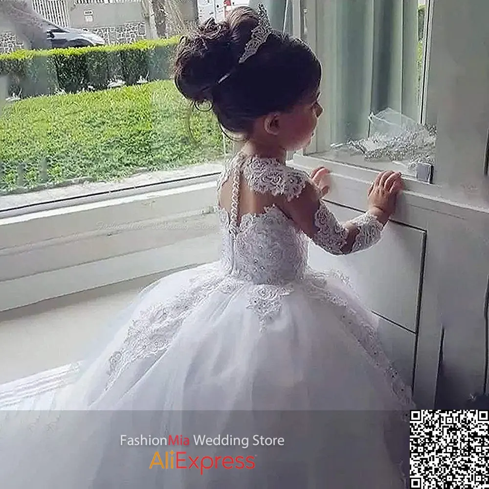 FashionMia White Flower Girl Dresses for Weddings Elegant Party Tulle Princess Lace Long Sleeve Ball Gown for Kids 2-14 Years