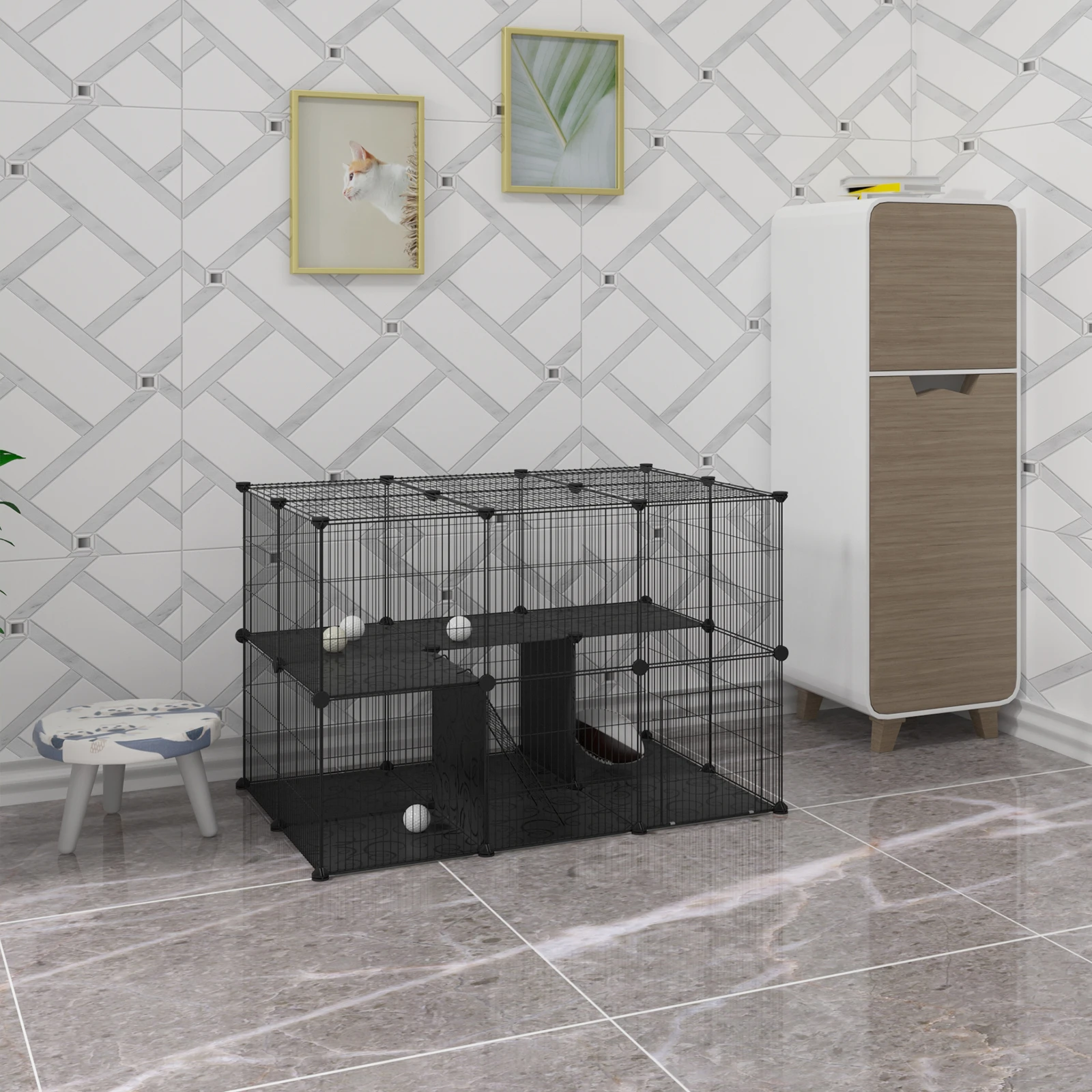 Box per animali domestici nero fai-da-te 38 pannelli con porta scala Custodia esterna a due livelli per gatti Conigli Maiali d'India Conigli Cucciolo di cane