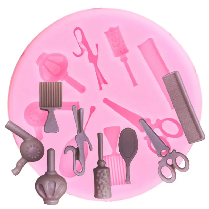 Hair Dryer Scissors Curling Iron Comb Mirror Silicone Molds DIY Party Cupcake Fondant Cake Decorating Tools Chocolate Moulds