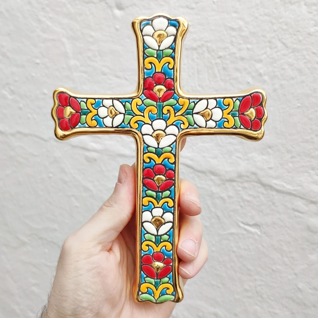 Ceramic cross 21cm (8,3 in)-24k gold-hand glazed ceramic-made in Andalusia-Spain-Sevilla-CERAMICFROMSPAIN-