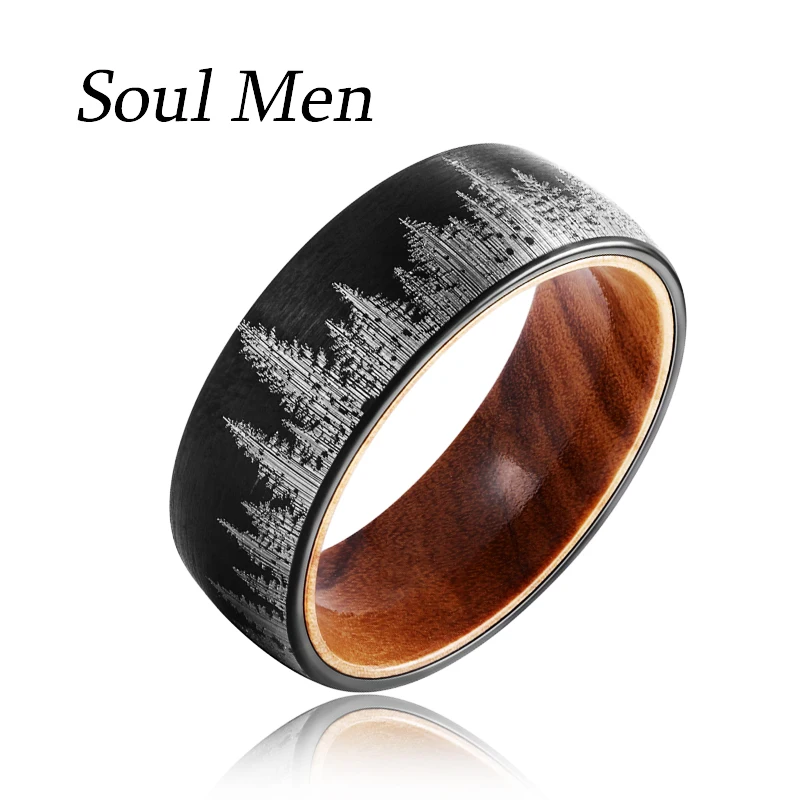 Rings For Men  Popular Models Tungsten Steel Ring 8mm Laser Forest Pattern With Solid Wood Inner Black Steel 2 Color