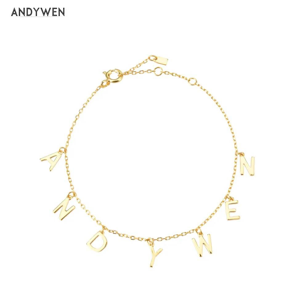 ANDYWEN 2020 New 925 Sterling Silver Plain Letter Initial Alphabet Personalize Pendant Bracelet Long Chain Women Fashion Jewelry