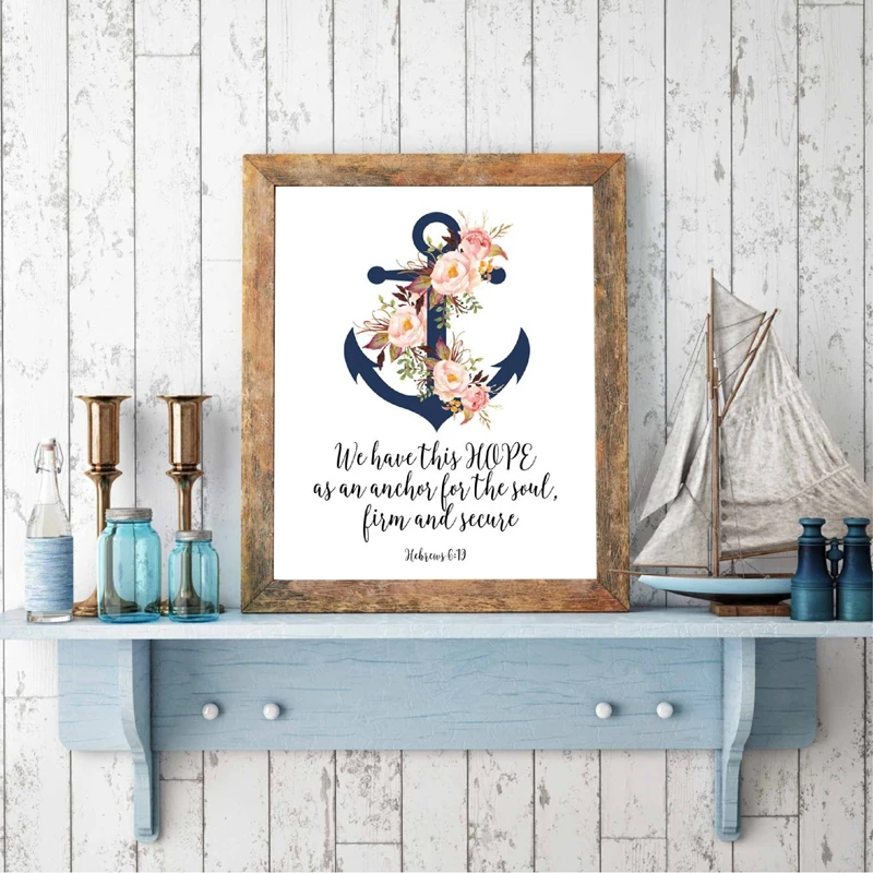 Bible Verse Hebrews 6:19 Quote Print Scripture Wall Art Canvas Painting Watercolor Anchor Flower Religious Poster Home Decor