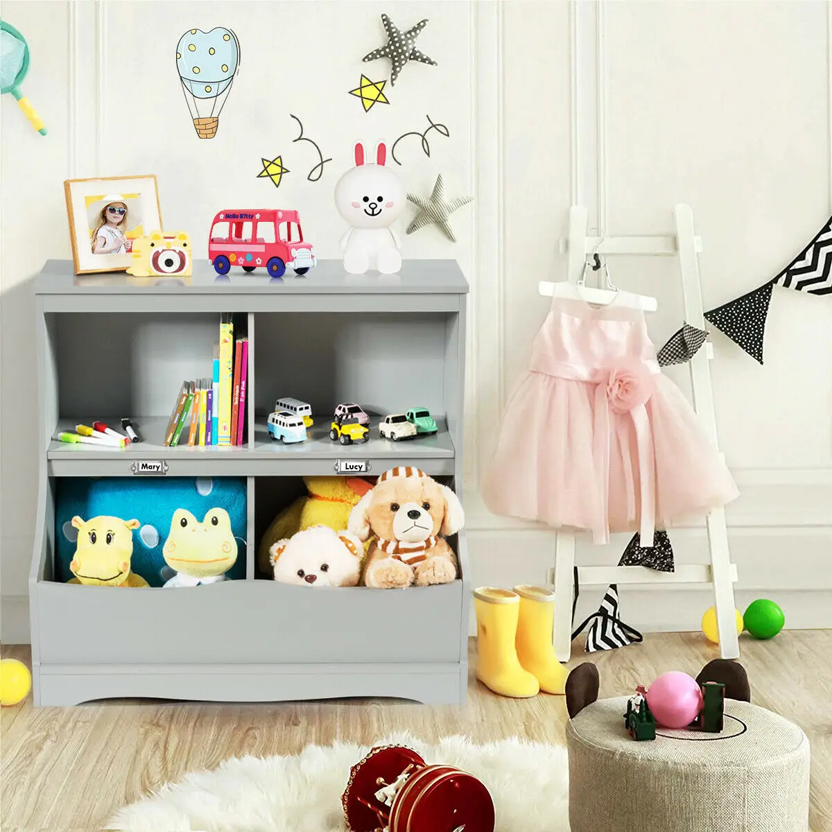 Children's Multi-Functional Bookcase Toy Storage Bin Kids Floor Cabinet White/Gray  HW63982