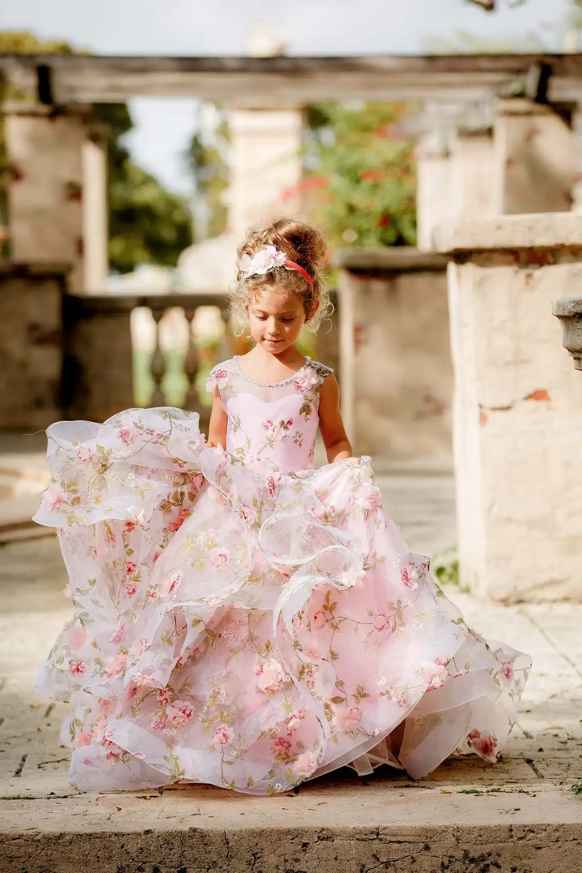 Roze 3D Bloemen Bloem Meisje Jurken Voor Wedding Kralen Geappliceerd Ruches Peuter Meisjes Pageant Jurk Kinderen Formele Slijtage Prom Jassen