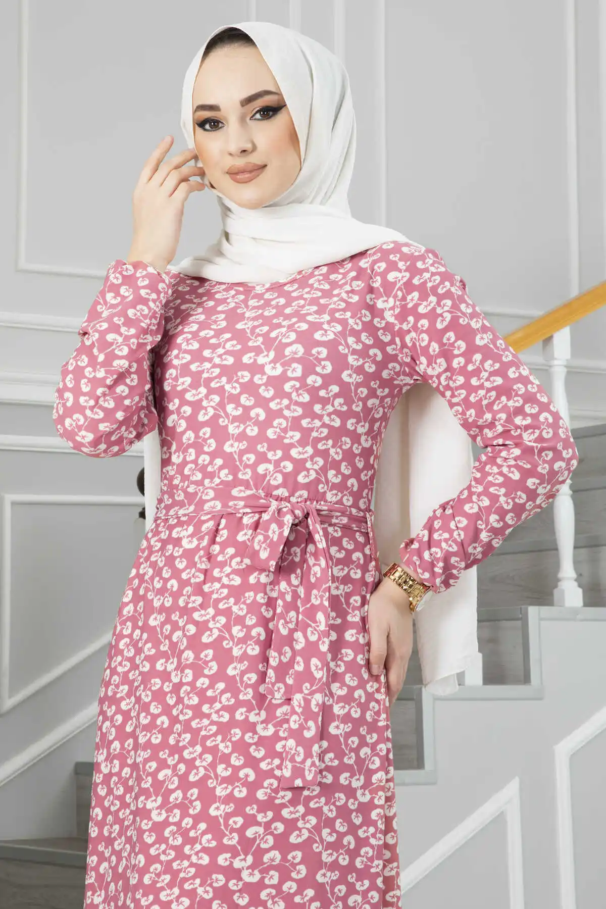 

Women's Clothing Belted Patterned Hijab Dress Ramadan New Inner Muslim Casual Wear Islamic Abaya Long Sleeve Maxi Slim Summer