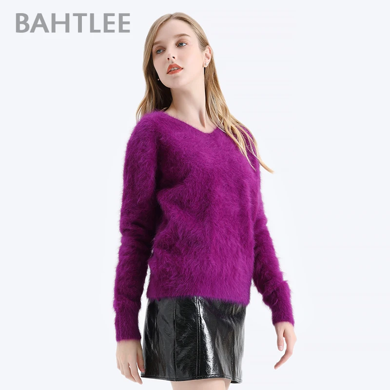 BAHTLEE-Women\'s Angora Wool Knitted Jumper, Long Sleeves, V-Neck Suit, Basic Style Pullovers, Pure Color, Autumn, Winter