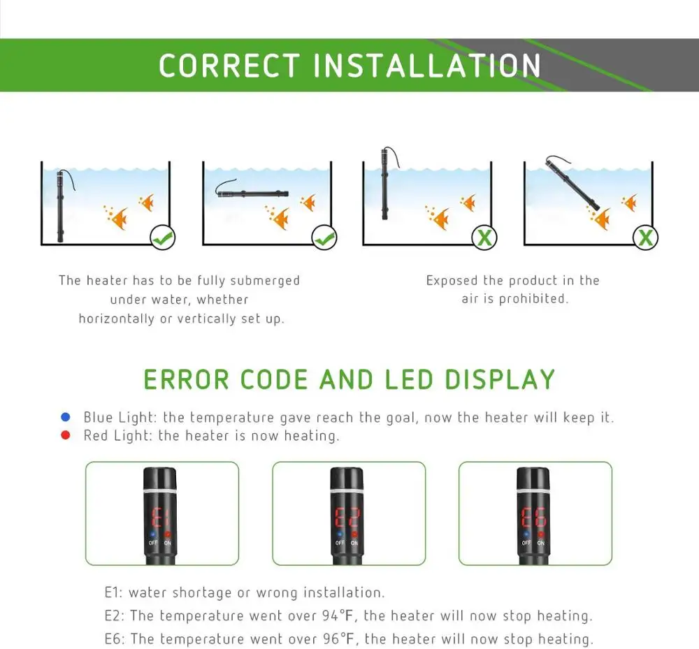 Aquarium Heater Submersible Titanium Fish Tank Heaters with Intelligent LED Temperature Display and External Temperature