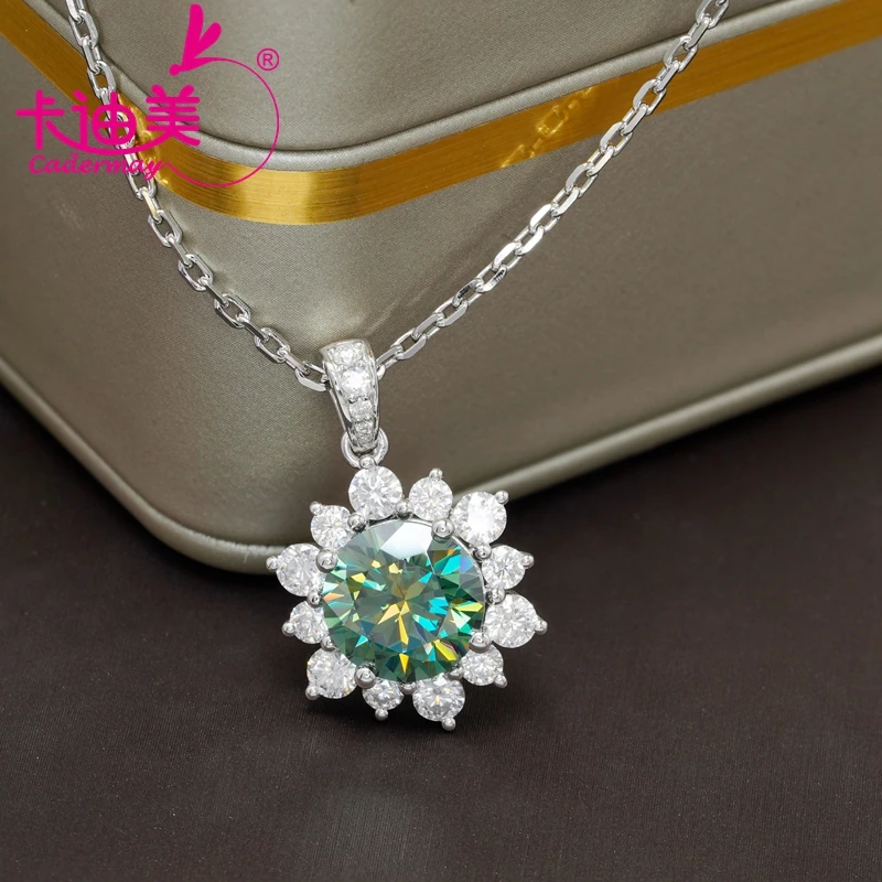 CADERMAY Custom Real Gold 14K 18K 10mm Yellow Green Sunflower Moissanite Pendant Necklace for Women Wedding Fine Jewelry