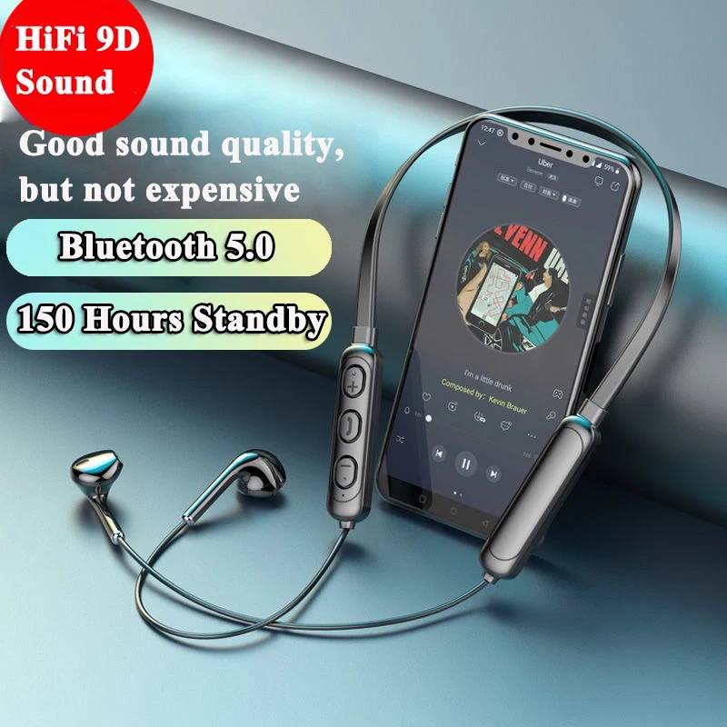 Auricular deportivo con sonido estéreo HiFi 9D con micrófono, auriculares inalámbricos, llamada HD, auriculares Bluetooth con banda para el cuello, auriculares para juegos
